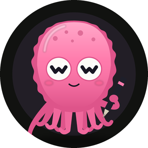 Inko, a pink cartoon cuttlefish holding a pen